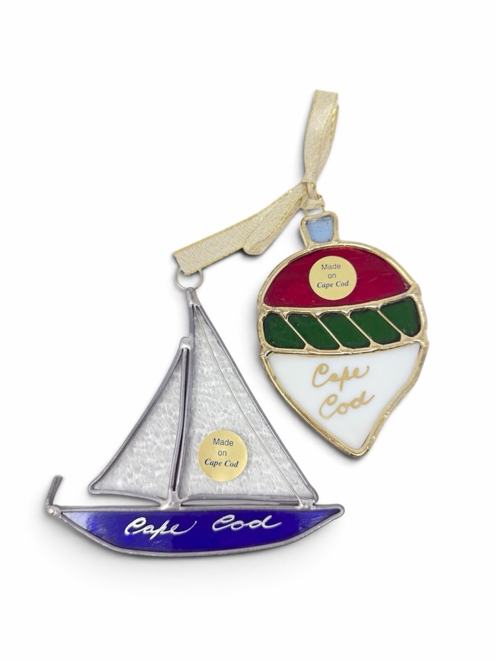 NWOT Cape Cod Holiday Ornaments Set of 2 Blue Sailboat & Red, Green, White Bulb